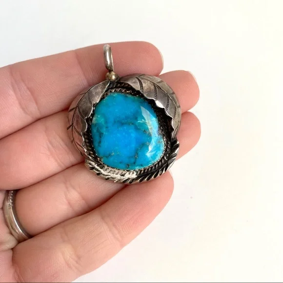 Vintage Turquoise Silver Pendant Necklace Handmade - Picture 8 of 9